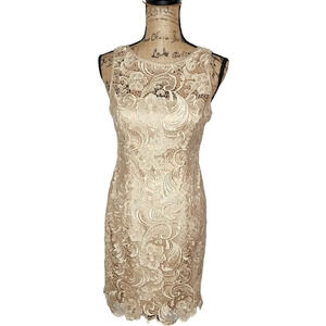 Adrianna Papell Womens Petite Lace Fitted Body Con Scalloped Midi Dress Size 4P